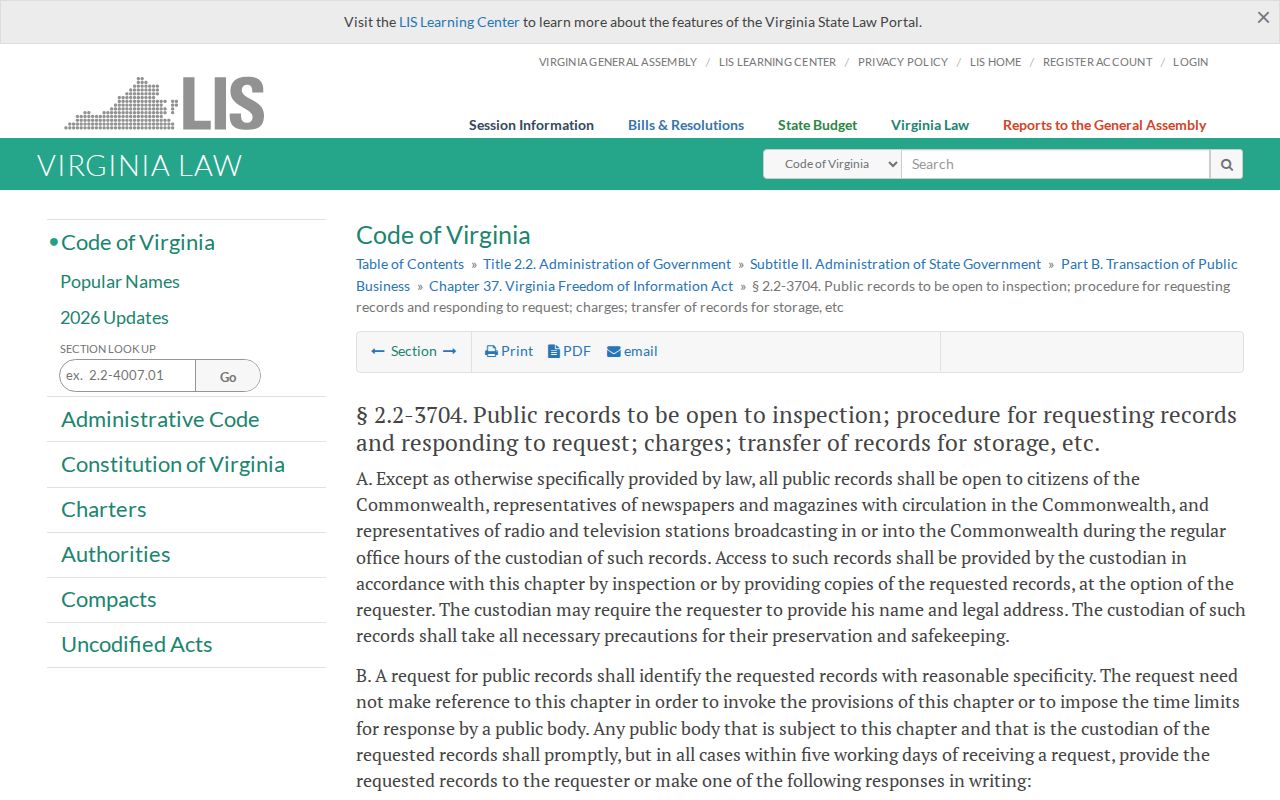 Virginia FOIA rules for Loudoun County 72 hour release requests
